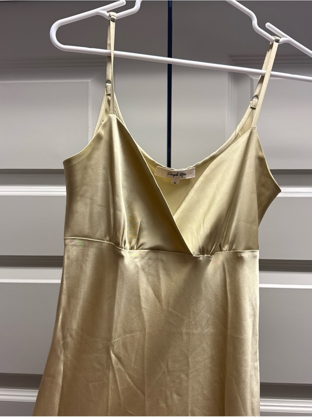 Satin Pale Gold / Green Slip Dress with Spaghetti Straps and V-neck